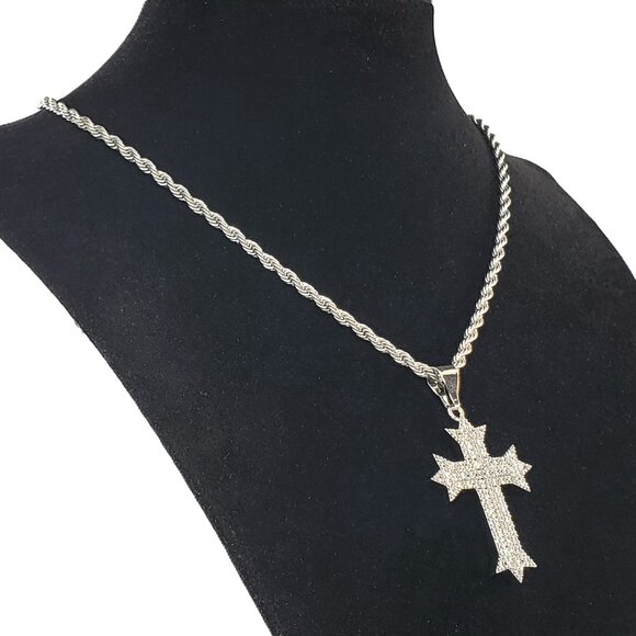 24" Mens 2ct Diamond 14K White Gold Cross Necklace Rope Chain Silver Jewelry 14 - Picture 6 of 9
